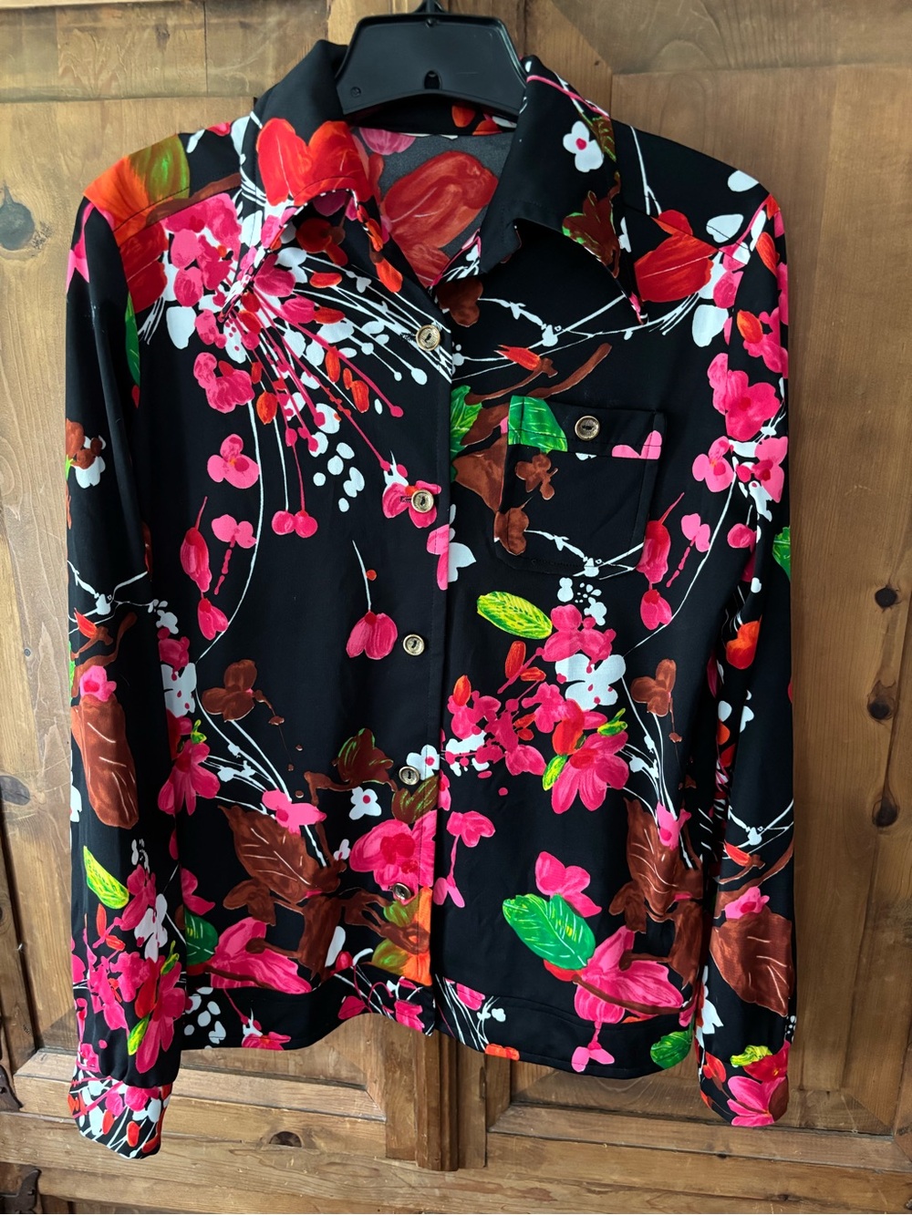 Vintage Neon Dagger Collar Button-Up Top with Pink & Green Accents